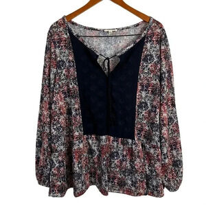 Kate & Sam Floral Blouse 2X Semi Sheer Tassles Navy Blue Red White Peplum Top